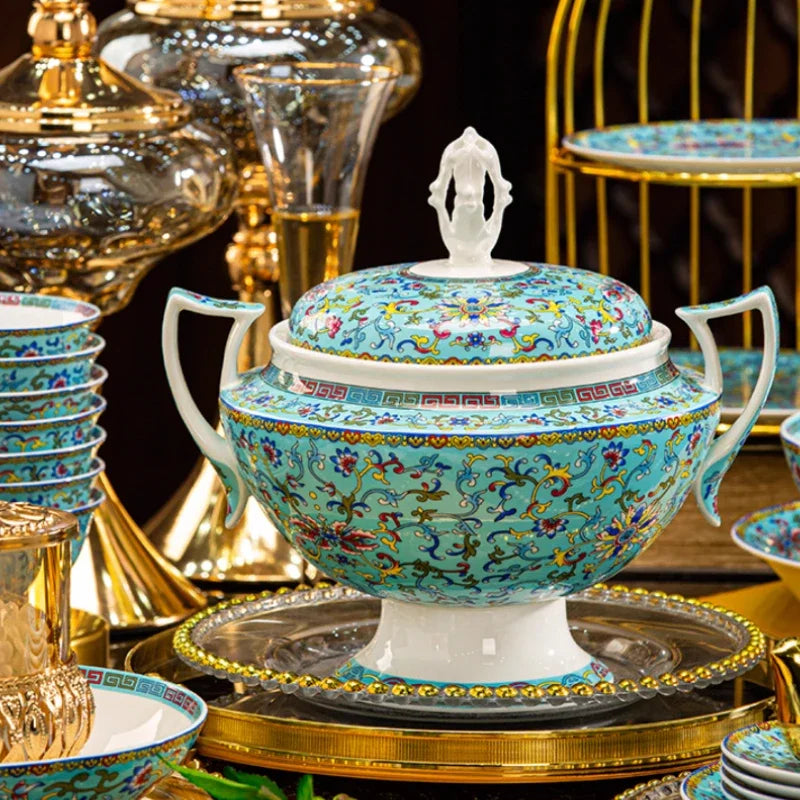 Luxury Bone China Dinnerware Set | Chinese Court Style Ceramic Bowl Collection