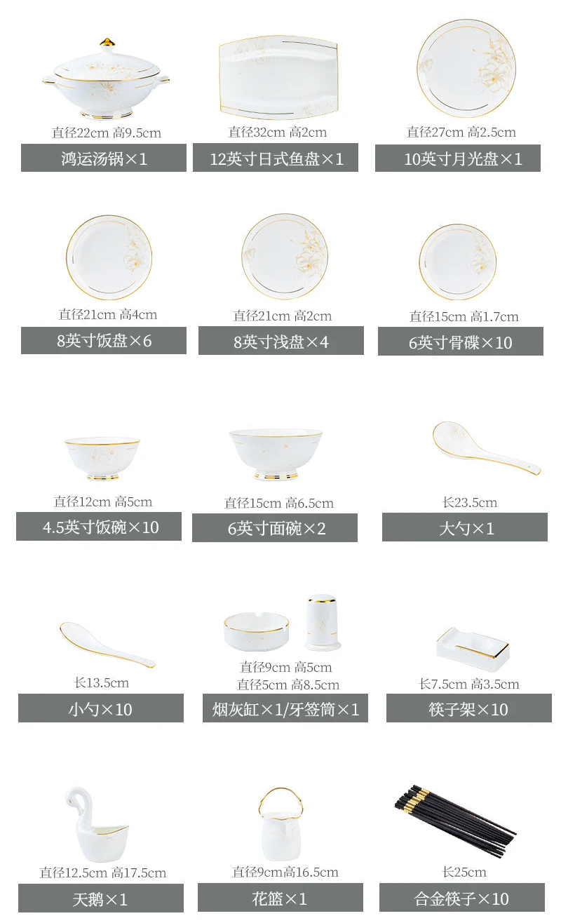 Luxury Bone China Dinnerware Set with Gold Inlay | Floral Light Luxury Tableware (10+ Pieces)