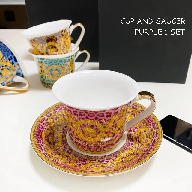 Luxury Bone China Dinnerware Set | Gold Rim Floral Steak Plate & Coffee Cup Collection