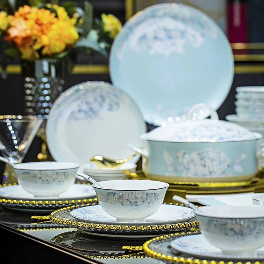 Luxury Bone China Dinnerware Set | Floral Frost Finish Tableware (18–56 Pieces