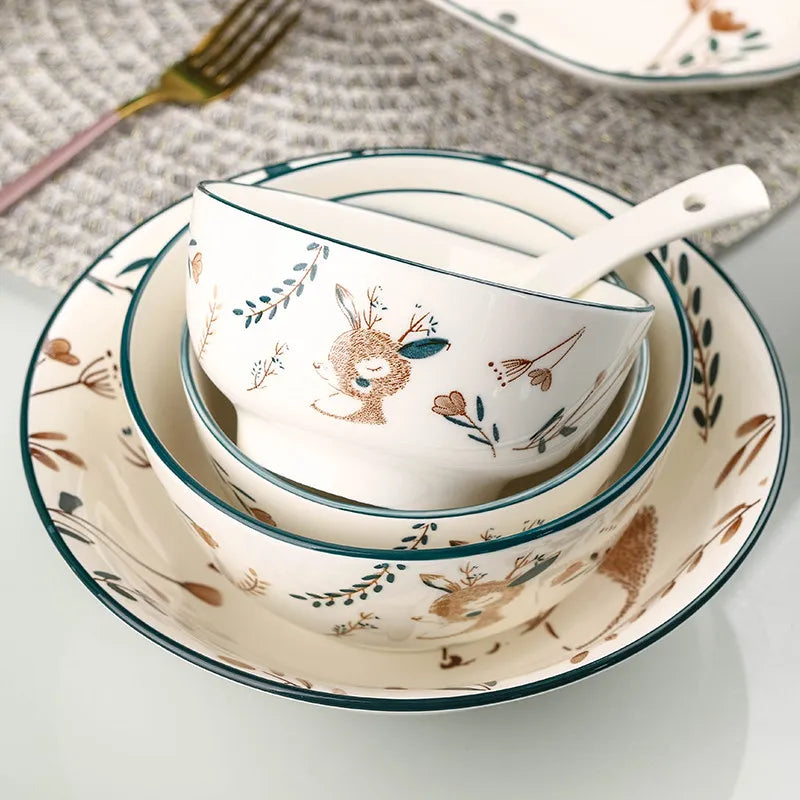 Luxury Bambi Japanese Porcelain Dinnerware Set | Floral Underglaze Bowls (6–10 Pieces)