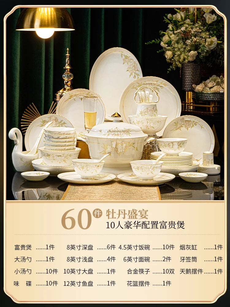 Luxury Floral Porcelain Dinnerware Set | Peony Feast Light Luxury Collection