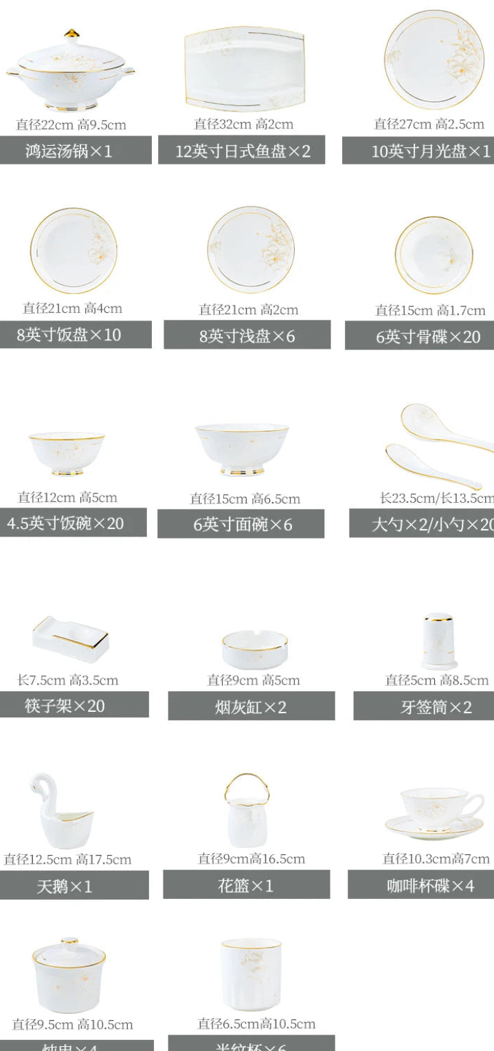 Luxury Bone China Dinnerware Set with Gold Inlay | Floral Light Luxury Tableware (10+ Pieces)