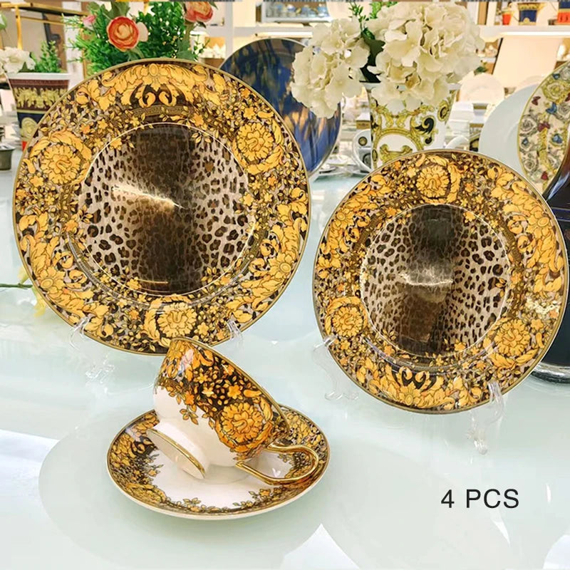 Luxury Bone China Dinnerware Set | Gold Rim Floral Steak Plate & Coffee Cup Collection