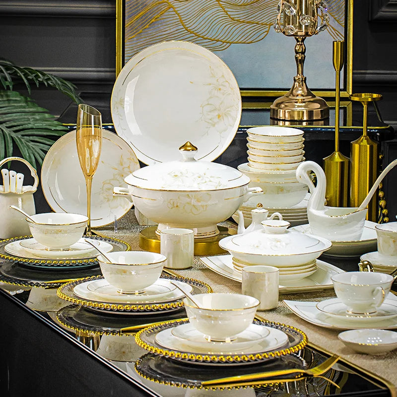 Luxury Bone China Dinnerware Set with Gold Inlay | Floral Light Luxury Tableware (10+ Pieces)