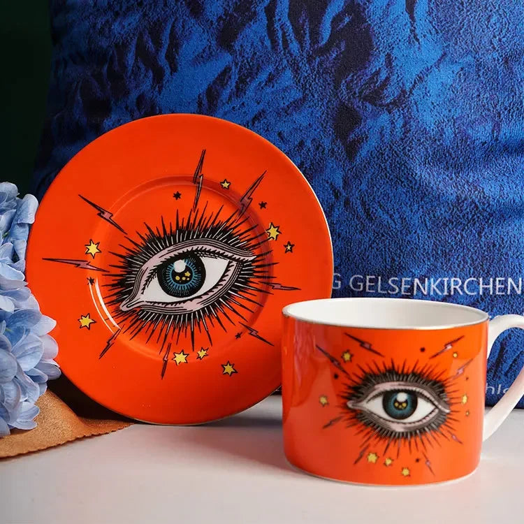Luxury Italian Ceramic Coffee Cup Set | Vintage Mug & Saucer with Tray