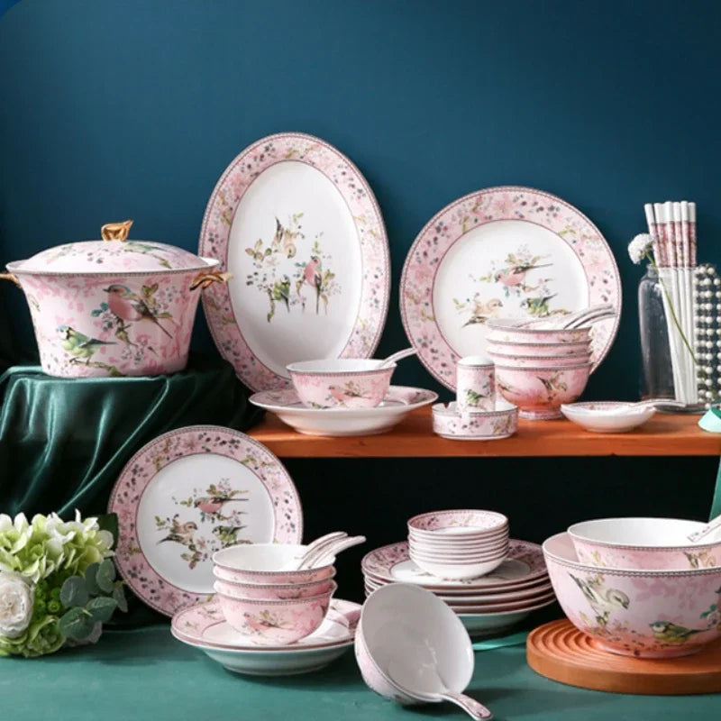 Luxury Pink Bird Bone China Dinnerware Set | European Floral Bowl Collection
