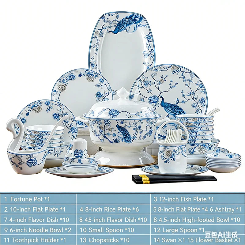 Luxury Blue & White Bone China Dinnerware Set | Floral Porcelain Tableware (18–60 Pieces)