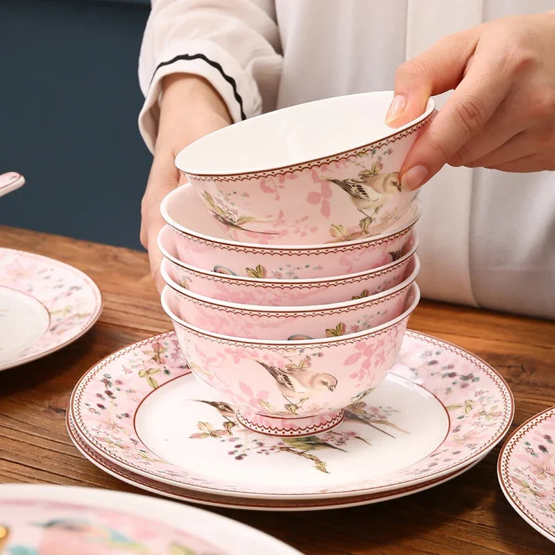 Luxury Pink Bird Bone China Dinnerware Set | European Floral Bowl Collection