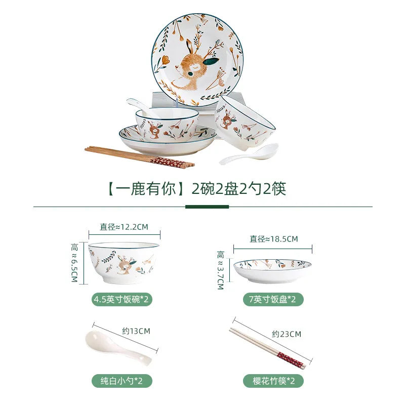 Luxury Bambi Japanese Porcelain Dinnerware Set | Floral Underglaze Bowls (6–10 Pieces)
