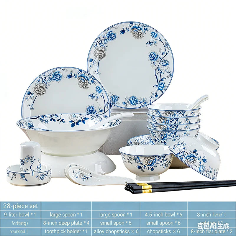 Luxury Blue & White Bone China Dinnerware Set | Floral Porcelain Tableware (18–60 Pieces)