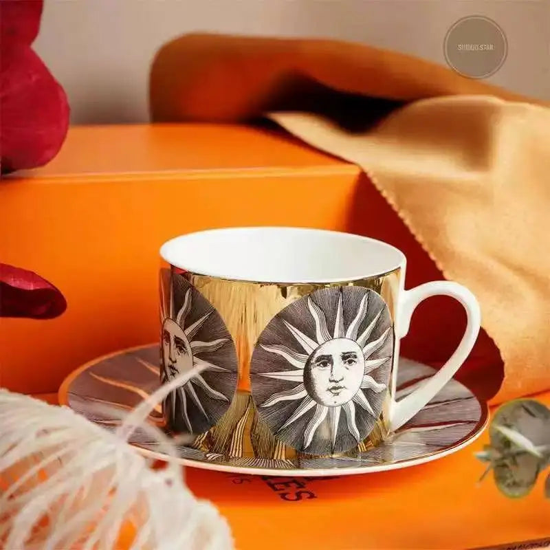 Luxury Italian Ceramic Coffee Cup Set | Vintage Mug & Saucer with Tray