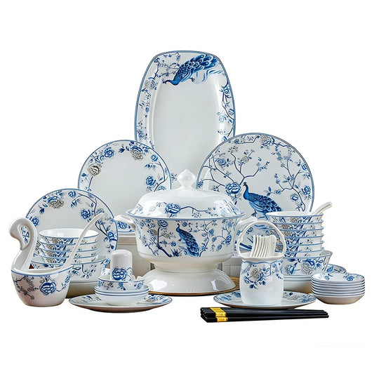 Luxury Blue & White Bone China Dinnerware Set | Floral Porcelain Tableware (18–60 Pieces)