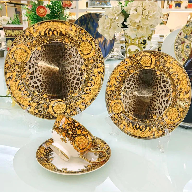 Luxury Bone China Dinnerware Set | Gold Rim Floral Steak Plate & Coffee Cup Collection