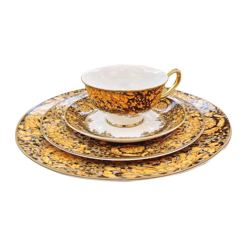 Luxury Bone China Dinnerware Set | Gold Rim Floral Steak Plate & Coffee Cup Collection