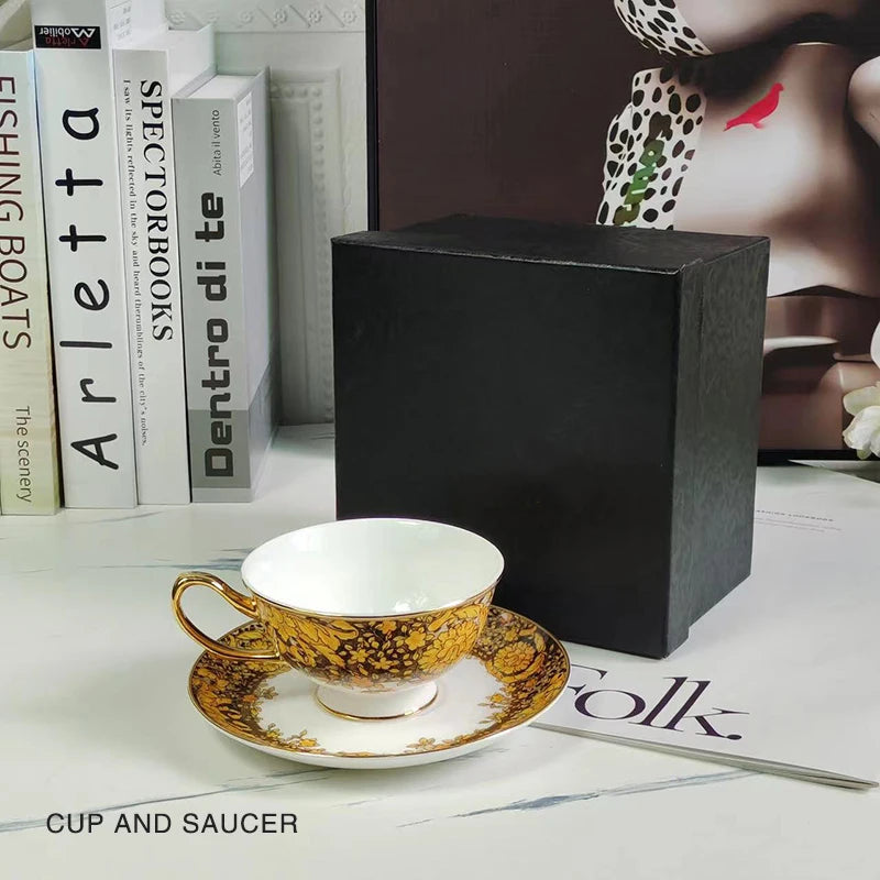 Luxury Bone China Dinnerware Set | Gold Rim Floral Steak Plate & Coffee Cup Collection