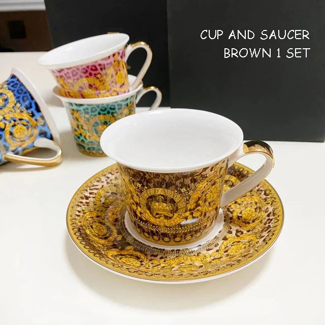 Luxury Bone China Dinnerware Set | Gold Rim Floral Steak Plate & Coffee Cup Collection