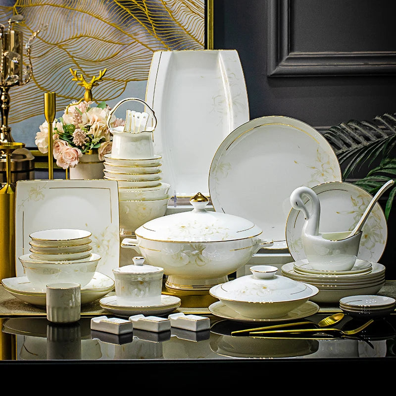 Luxury Bone China Dinnerware Set with Gold Inlay | Floral Light Luxury Tableware (10+ Pieces)