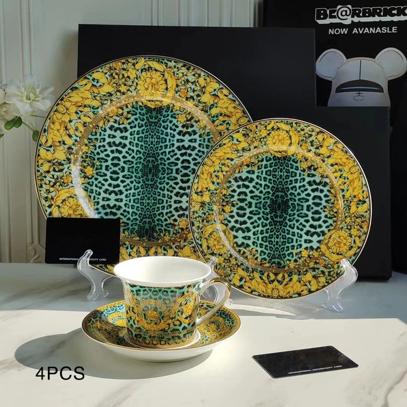 Luxury Bone China Dinnerware Set | Gold Rim Floral Steak Plate & Coffee Cup Collection