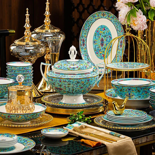 Luxury Bone China Dinnerware Set | Chinese Court Style Ceramic Bowl Collection