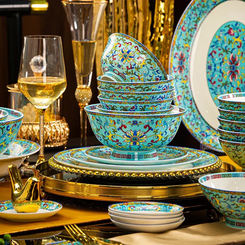 Luxury Bone China Dinnerware Set | Chinese Court Style Ceramic Bowl Collection