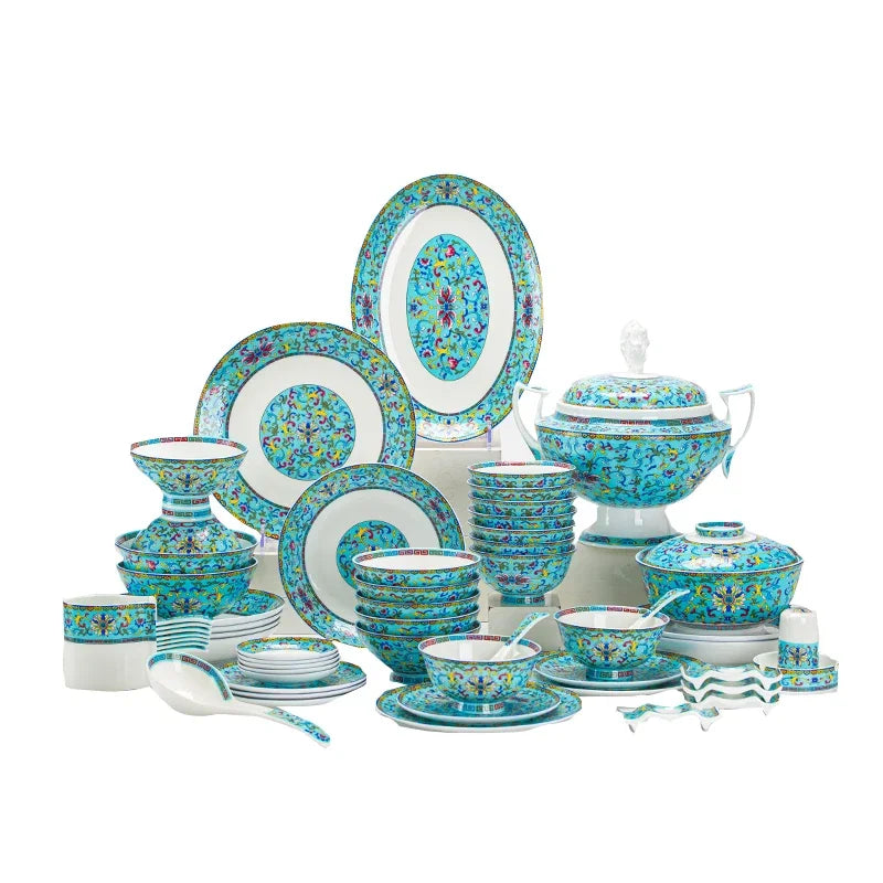 Luxury Bone China Dinnerware Set | Chinese Court Style Ceramic Bowl Collection