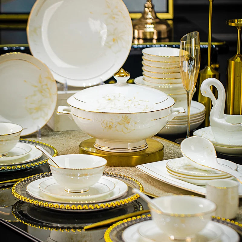 Luxury Bone China Dinnerware Set with Gold Inlay | Floral Light Luxury Tableware (10+ Pieces)